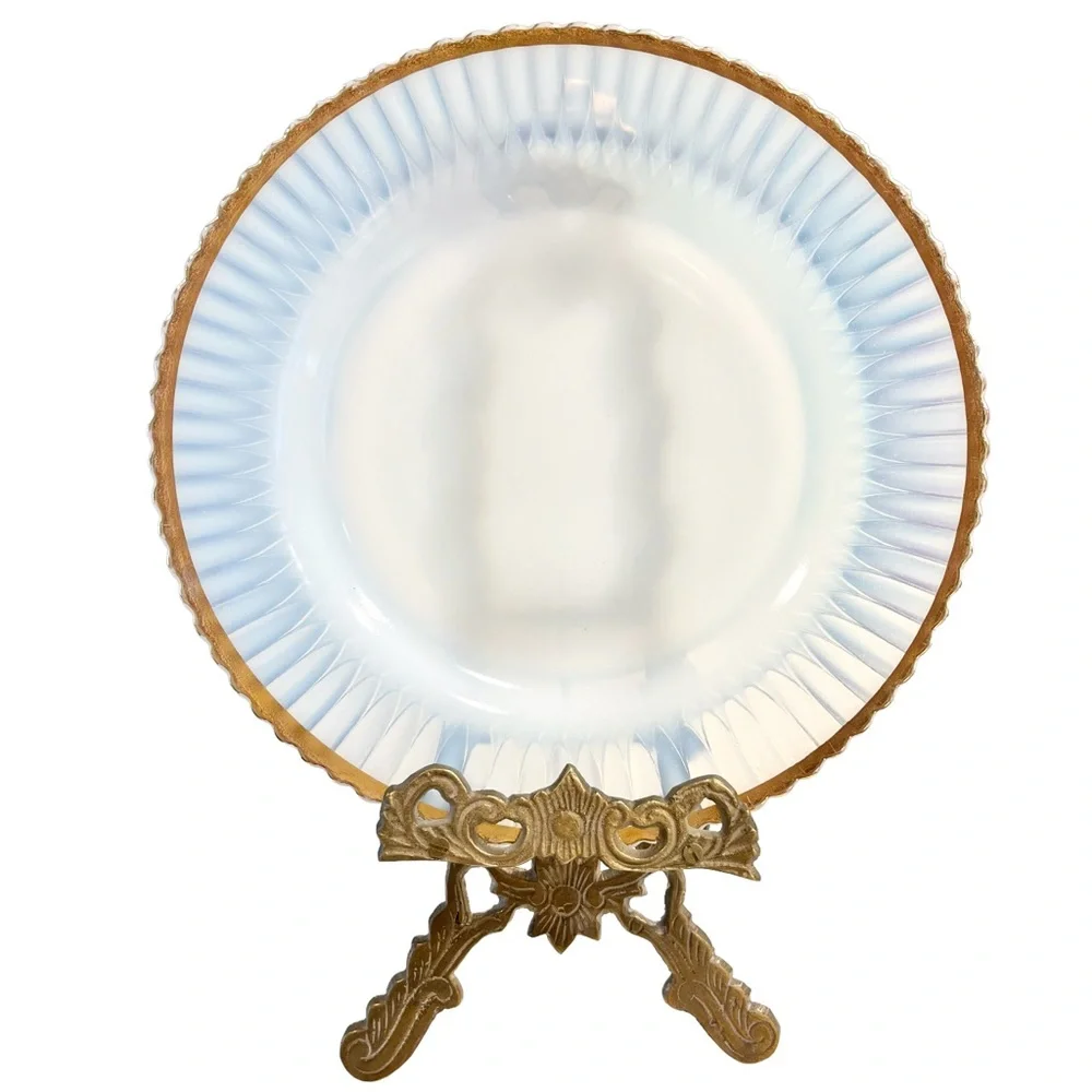 Vintage Petalware Dinner Plate by MacBeth Evans, Gold Rim Opal White Glass Pearl
